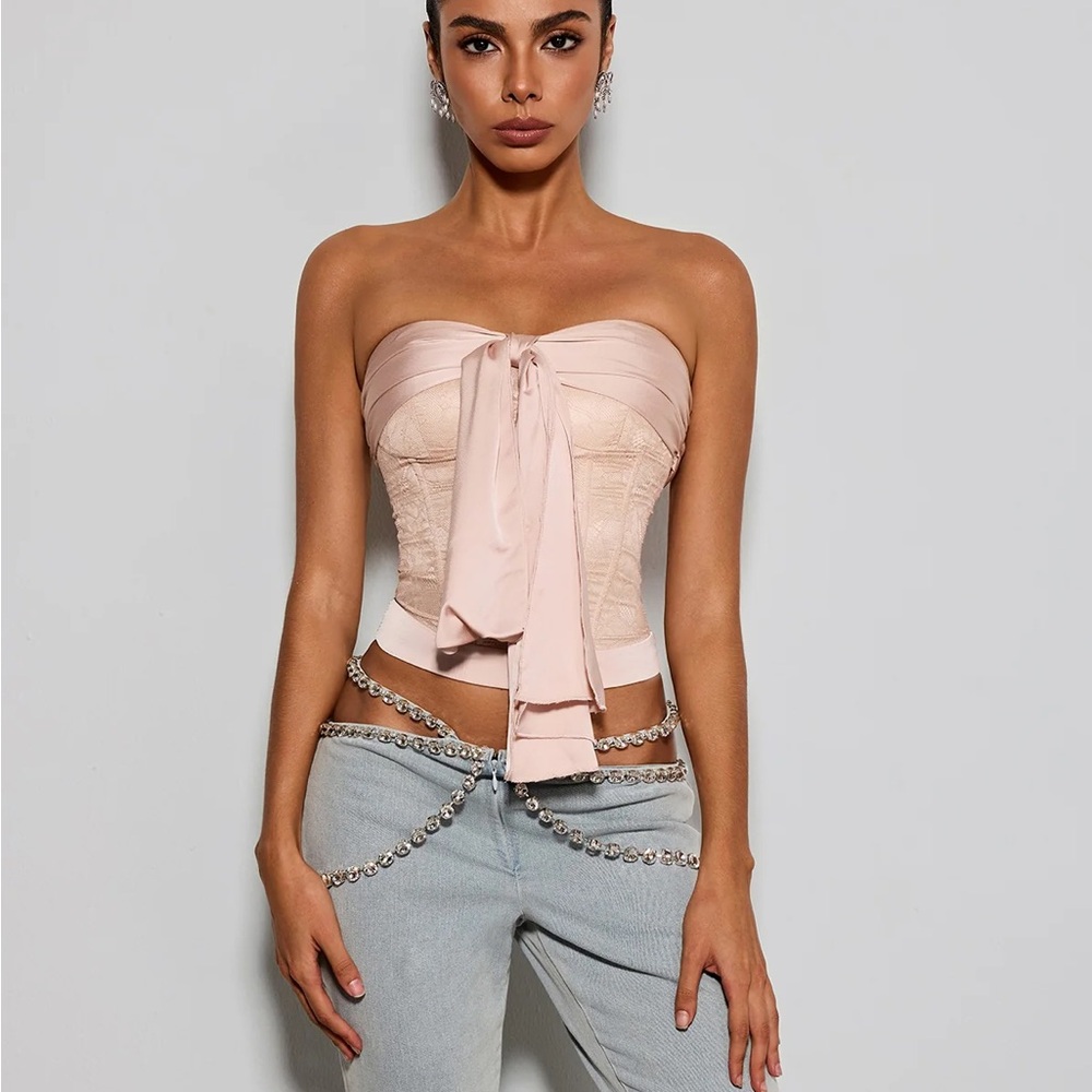 Strapless Blush Pink Tie-Front Bustier Top
